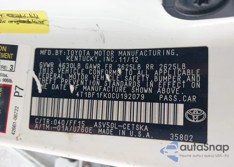 2012 Toyota Camry Se из США, поврежденный, VIN 4T1BF1FK0CU192079